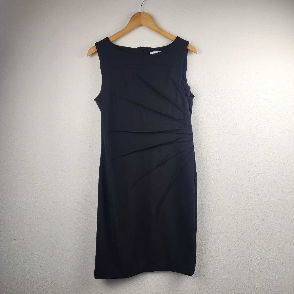 Calvin Klein Black Sheath Dress Size12 Sleeveless Pleated Front Stretch LBD
